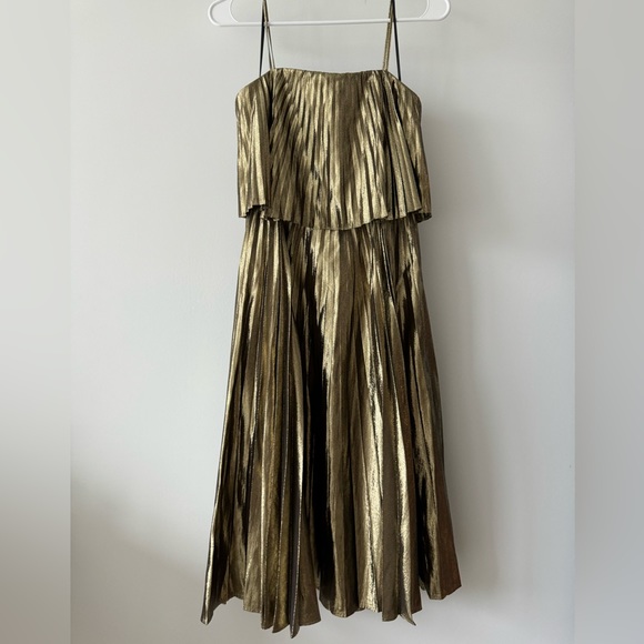 J Crew Pleated Metallic Gold/Black Midi Party Dress - Picture 5 of 7